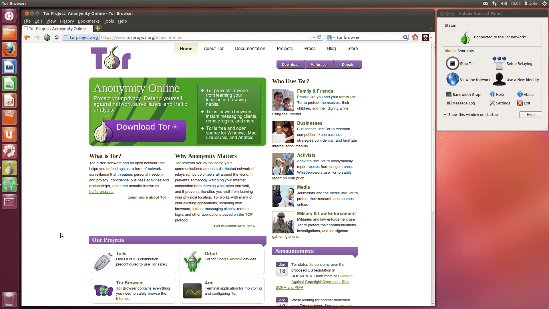 Tor Browser open on the Tor Project homepage, used for accessing onion search engines